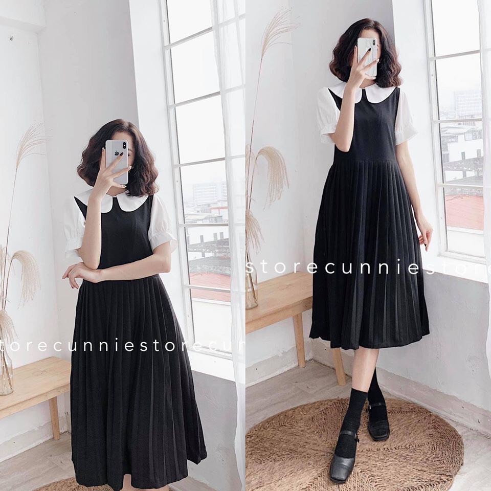 Váy bầu bigsize thiết kế công sở GuMe dáng babydoll cổ sen phối tay trắng chất vải sạn lụa cao cấp 40-100kg MB132