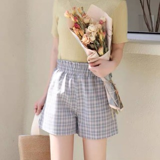 Shilofen👗 Quần Short Nữ Lưng Cao Ống Rộng Họa Tiết Caro Phong Cách Hàn Quốc