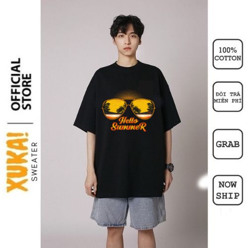 Áo thun tay lỡ XUKA cotton co dãn 4 chiều dáng unisex form châu á in hình Hello Summer kính mát