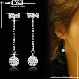Bông tai inox nữ thời trang hình chiếc nơ xoàn rớt trái châu sang trọng