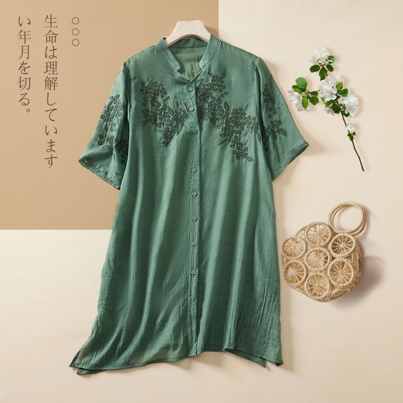 Bán Hạ Giá ~ Áo Sơ Mi Vải Lanh Cotton Tay Ngắn Dáng Rộng Thêu Nhãn Hiệu Lớn Cổ Điển Cho Nữ