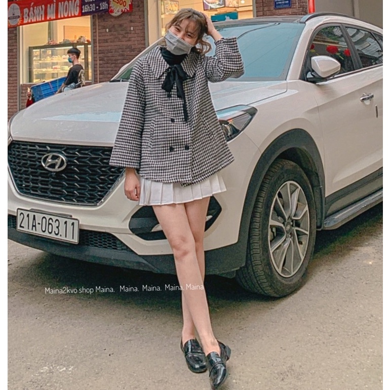 Áo dạ nơ đen hoạ tiết răng sói - Áo khoác dạ form vừa | BigBuy360 - bigbuy360.vn