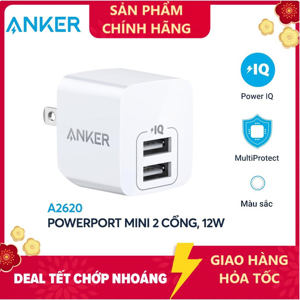 Cốc Sạc ANKER PowerPort Mini 2 cổng 12w - Củ Sạc Anker 2 cổng anker A2620 / Cáp sạc lightning anker  MFI - A7101