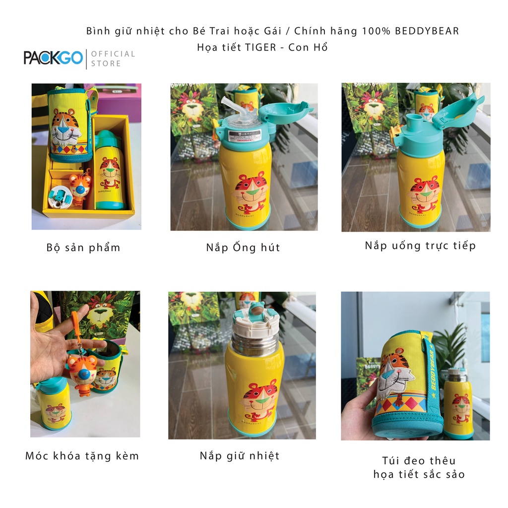 Bình giữ nhiệt cho Bé Trai hoặc Gái Chính hãng 100% Beddy Bear Tiger - Con Hỗ - 3 nắp thay thế - tặng móc khóa