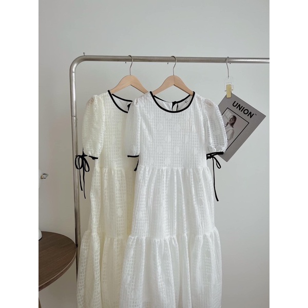 Váy babydoll cộc tay viền cổ đen tay nơ tiểu thư