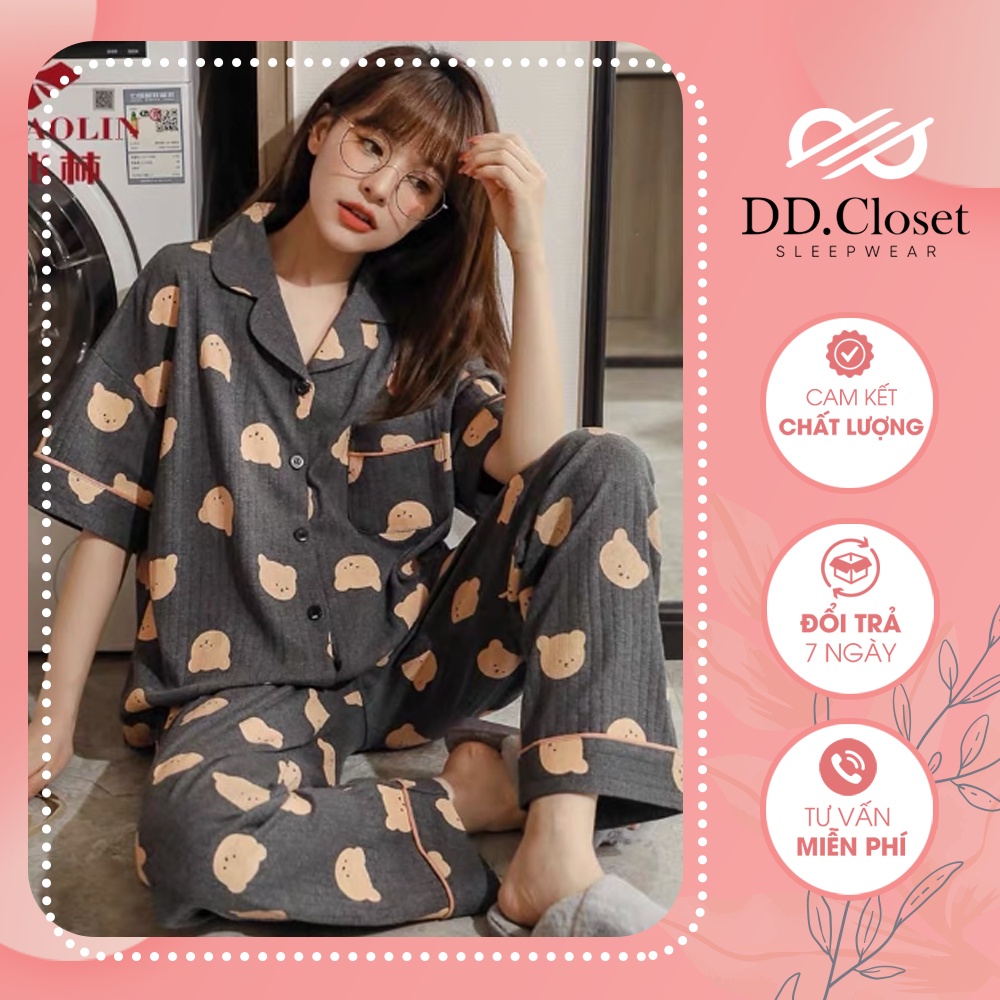 Bộ đồ ngủ pijama nữ cộc tay quần dài chất lụa Kate Thái mềm mịn màu xám đen họa tiết đầu gấu nâu siêu xinh - CD0060