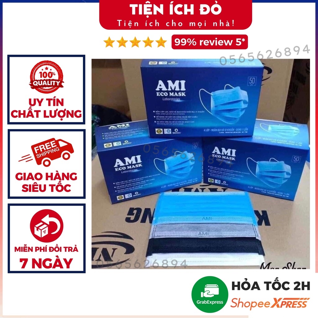 Khẩu trang y tế AMI kháng khuẩn 4 lớp 4 màu hàng công ty cao cấp hộp 50 chiếc - Tiện Ích Đỏ