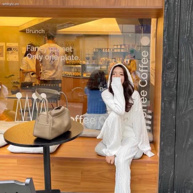 Honypove Set áo hoodie tay dài có mũ trùm đầu + quần ống rộng thời trang cho nữ