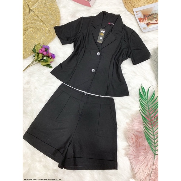 (Có size lớn) Set bộ rời áo sơmi giả vest phối quần đùi chất thun cotton mịn mát cho bạn nữ đi tiệc - đi làm - dạo phố