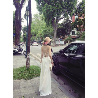 Đầm maxi trắng đan dây sau lưng
