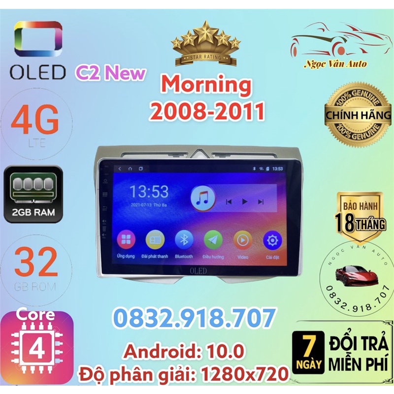 Màn Hình Android OLED C2 theo xe KIA MORNING 2008 - 2012, 9 inch kèm dưỡng và jack nguồn zin theo xe