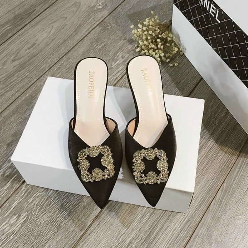 Giày sục nỉ nhung nơ đá tròn và đá vuông - 6P