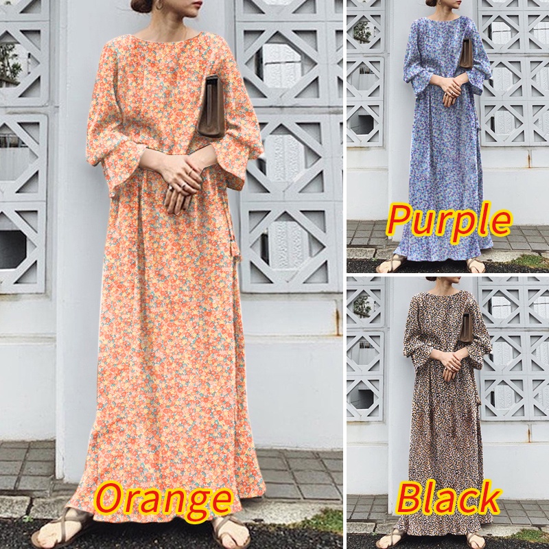 Đầm maxi Zanzea dài tay ống loe xẻ tà phong cách vintage thời trang cho nữ