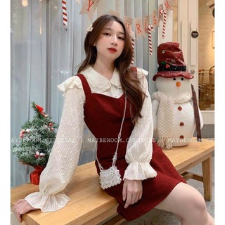 Set yếm Đầm bố đỏ 2 dây + áo sơmi ren nhũ cổ sen bèo tay loe