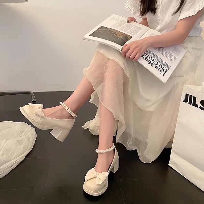 mã 216 giày lolita quai ngọc nơ vải gót cao 5p sang chảnh fullbox