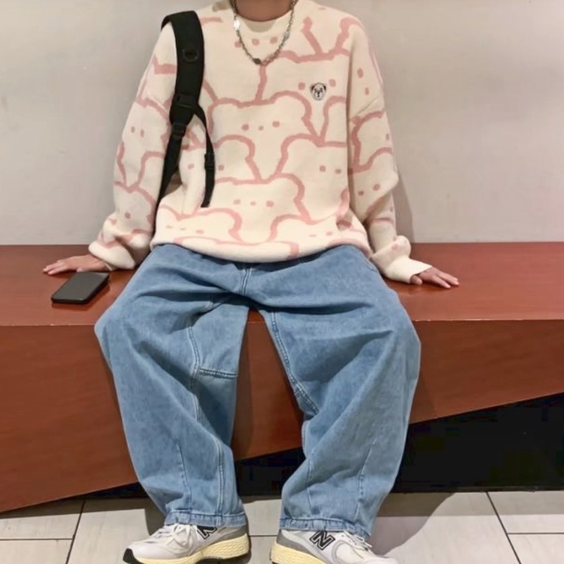 Áo sweater cổ tròn tay dài mềm mại thoải mái in hình gấu hoạt hình phong cách Hàn Quốc cho nam