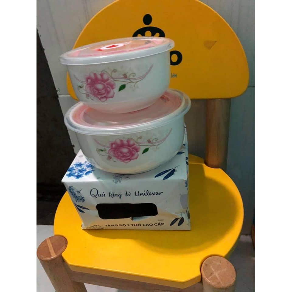 Bộ 2 thố sứ in hoa hồng nắp chân không