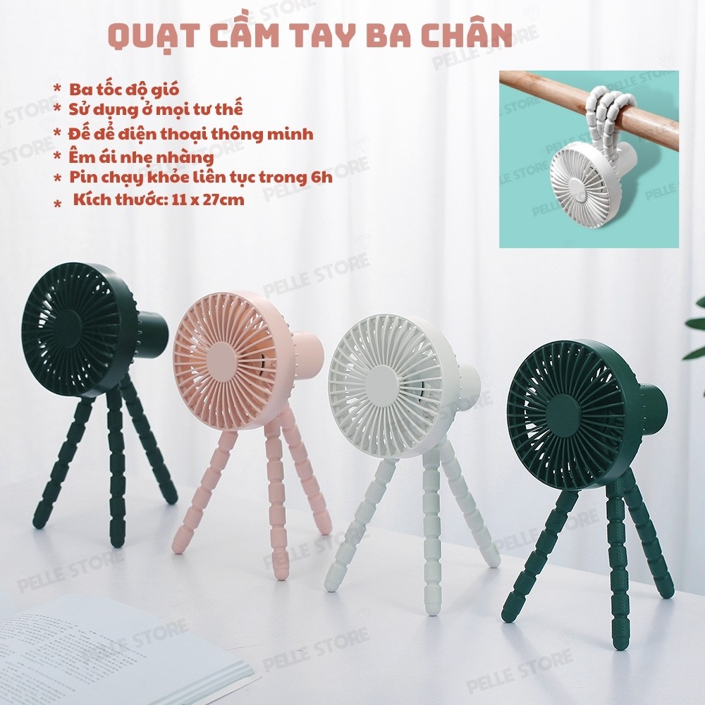 Quạt tích điện cầm tay ba chân F1010 treo ở xe đẩy,oto, cũi bé, có bốn màu trắng, hồng, đen điều hòa thời tiết Pelle