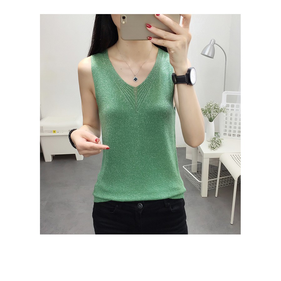 Áo len lụa mùa hè thoáng mát cổ trang trí họa tiết chữ V Free size AO03