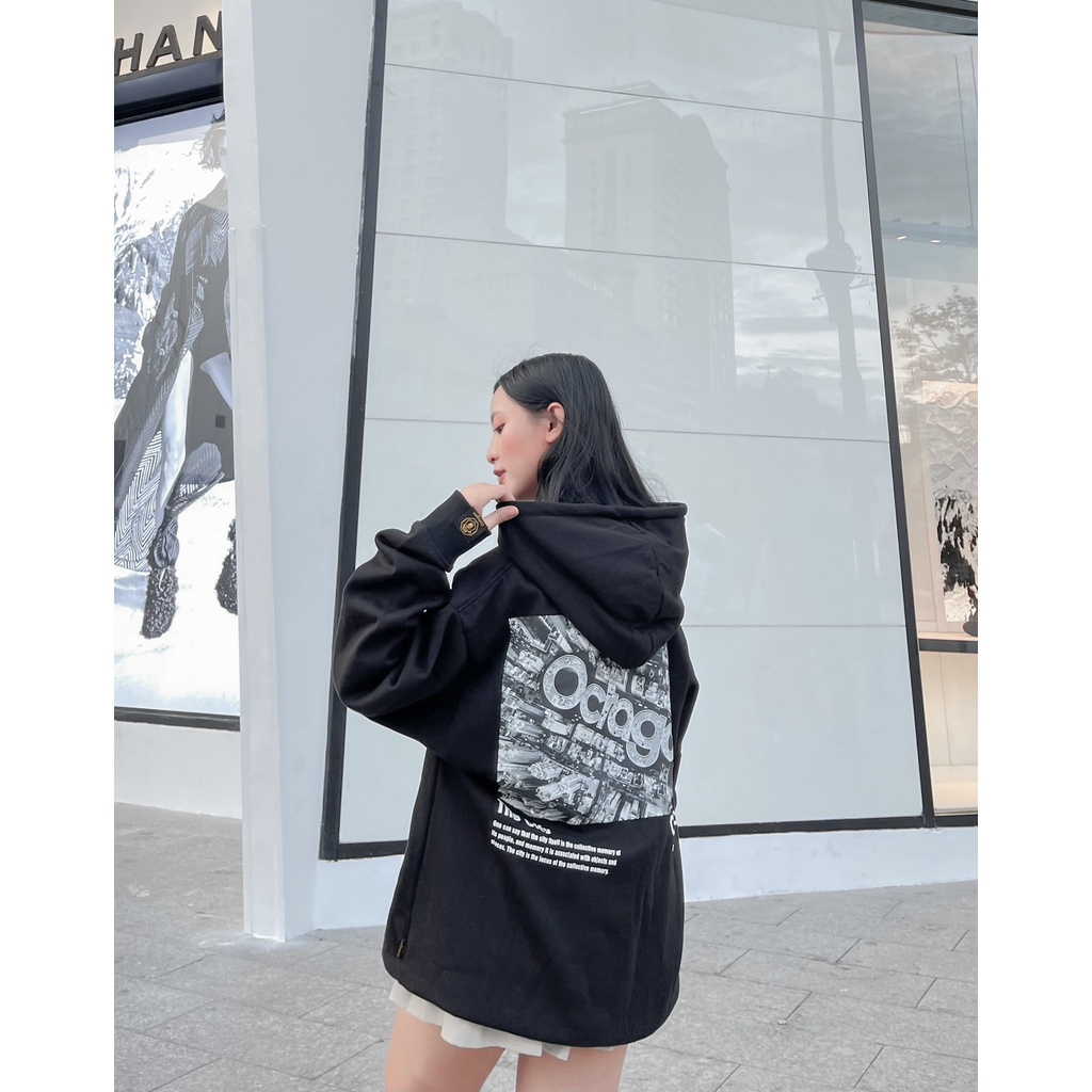 Áo Hoodie Nam Nữ Form Rộng OCTAGON THE CITY Vải Nỉ Bông Màu Đen