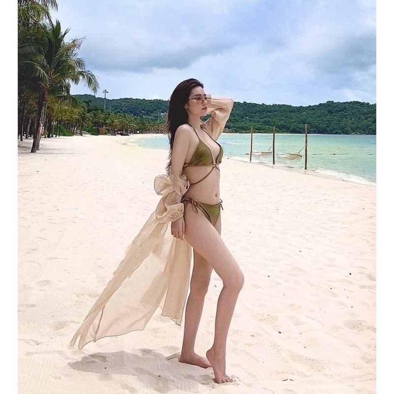 Bikini 2 Mảnh Tam Giác Phối Khoen Cột Dây, Đồ Bơi Nữ Đi Biển Nâu Đơn Giản Gợi Cảm - OS090