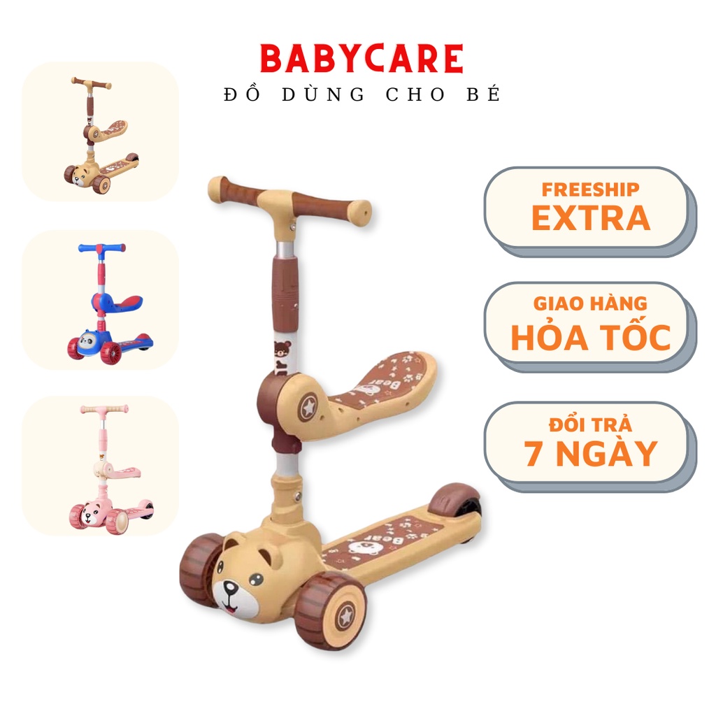 Xe Scooter Cho Bé Hình Gấu Bear Có Nhạc Và Đèn Phát Sáng, Bảo Hành 12 Tháng, Xe Trượt Scooter Cho Bé Chòi Chân