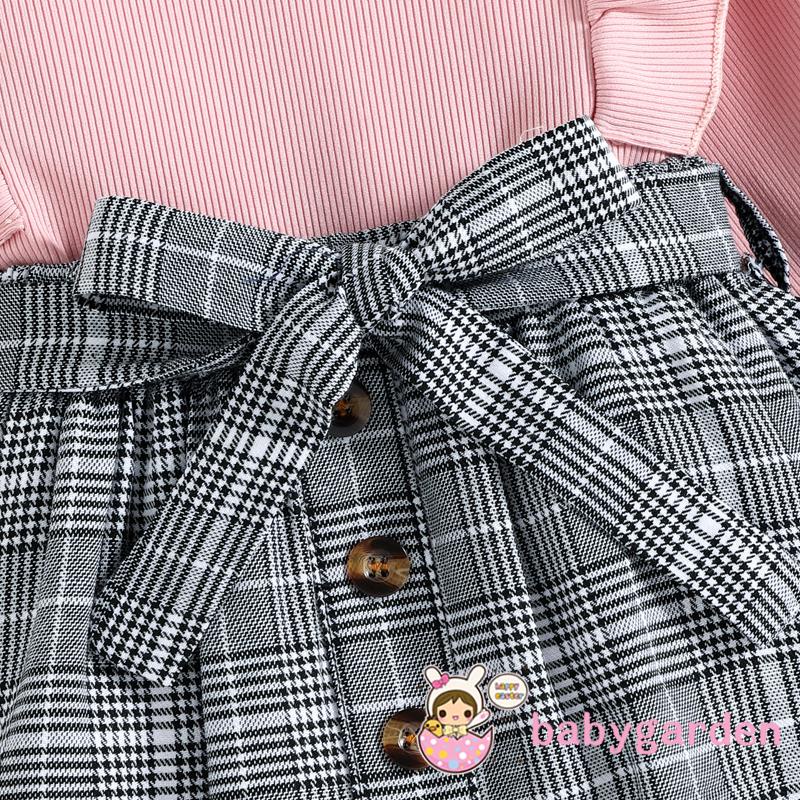 Set Đồ Mùa Thu 2 Món Gồm Áo Thun Tay Dài Có Gân Màu Trơn + Chân Váy Caro Kèm Thắt Lưng Cho Bé Gái 6 Tháng Tuổi