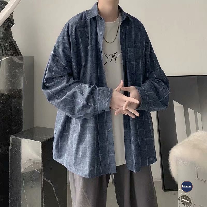 Áo sơ mi tay dài dáng rộng kẻ sọc thời trang Hàn Quốc cho nam | BigBuy360 - bigbuy360.vn