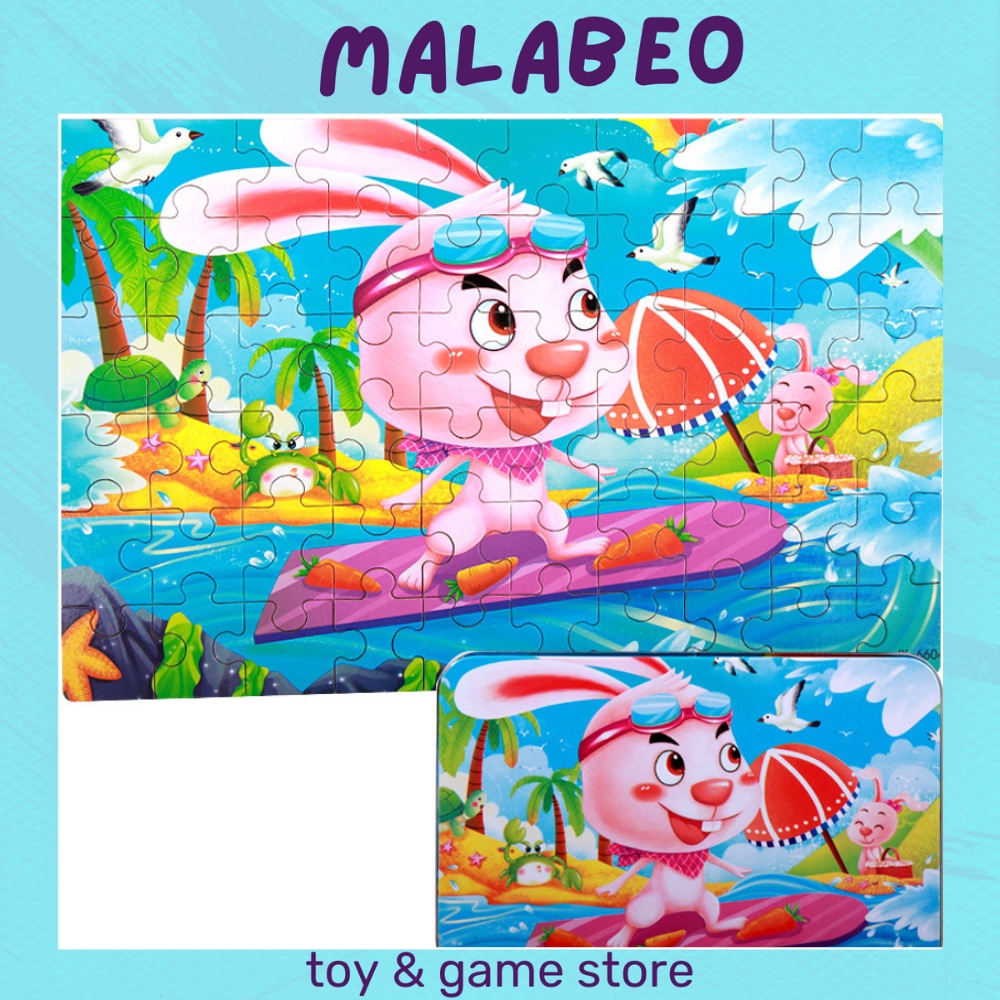 Xếp hình tranh gỗ 60 mảnh hộp sắt chủ đề 12 con giáp MALABEO KIDS, đồ chơi gỗ tranh ghép hình cho bé