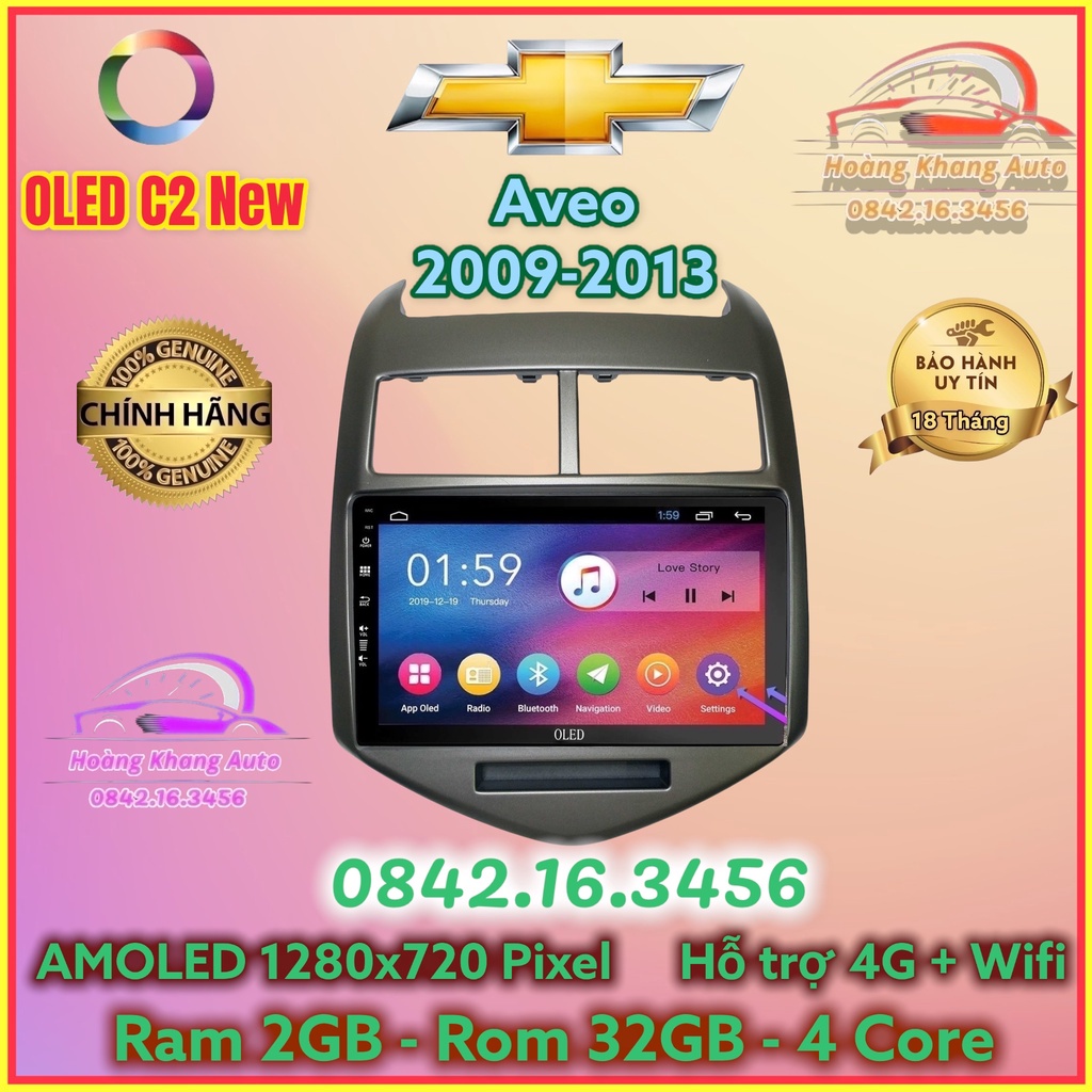 Màn hình Android OLED C2 New Theo Xe AVEO 2009 - 2013, 9 inch kèm dưỡng canbus và jack zin