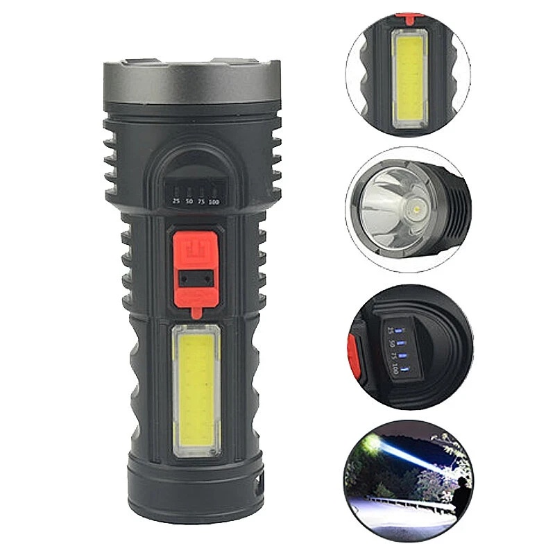 Đèn pin cầm tay có thể sạc lại USB 4 chế độ sáng cao chống thấm nước dùng khi đi cắm trại 200M