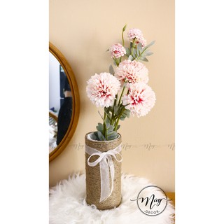 Hoa giả, Hoa lụa, Cúc PingPong kèm lọ cói vingtage cao 40cm