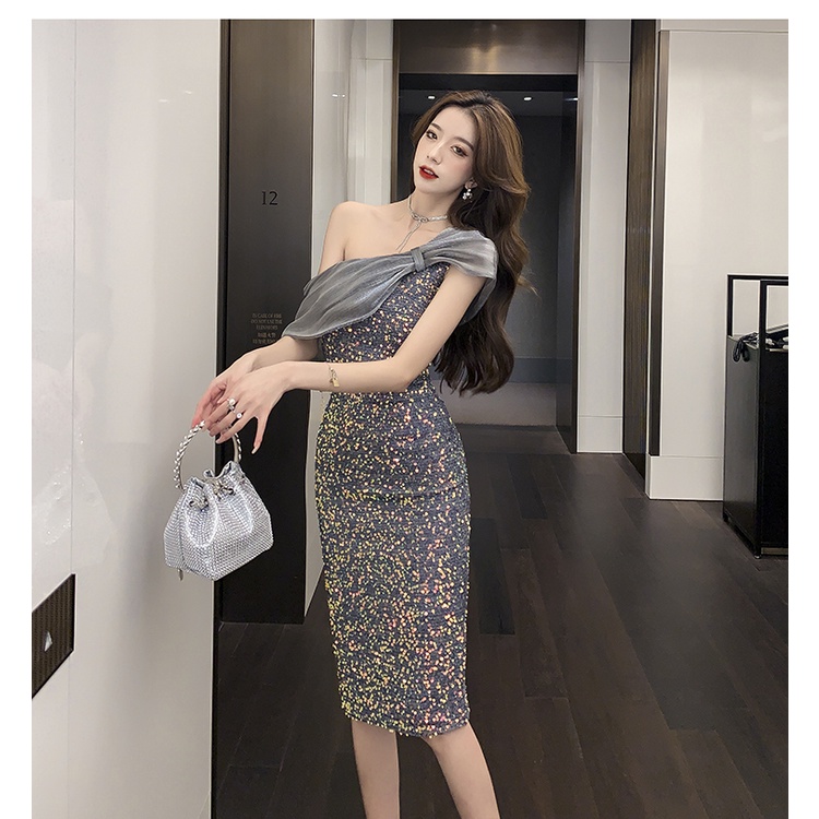 Ảnh Thật Hàng Có Sẵn Đầm Dự Tiệc Lệch Vai Organza Đính Kim Sa Thủ Công Cá TíNh IUWI