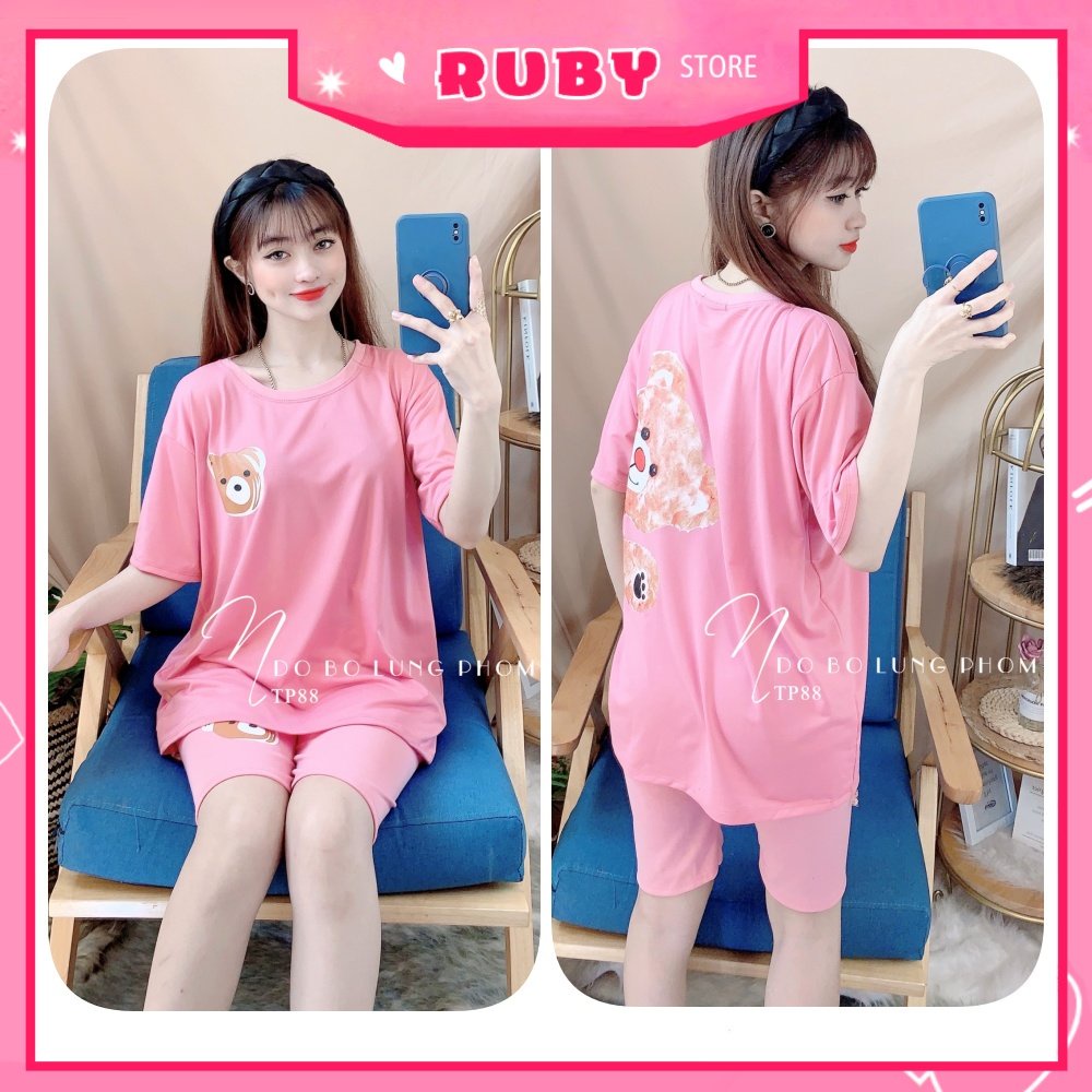 Đồ bộ thun lửng phom to cho nữ mặc nhà chất thun mềm mát in hình gấu hoạt hình dễ thương TP88