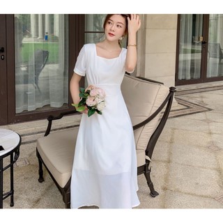 (ảnh thật) Đầm trắng cổ vuông thắt nơ sau phong cách hàn quốc