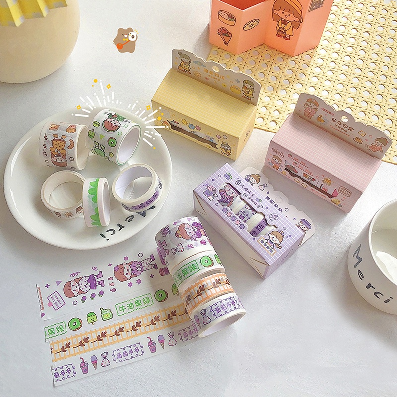Set 4 Cuộn Băng Dính Washi Họa Tiết Hoạt Hình Dễ Thương Trang Trí Thủ Công DIY