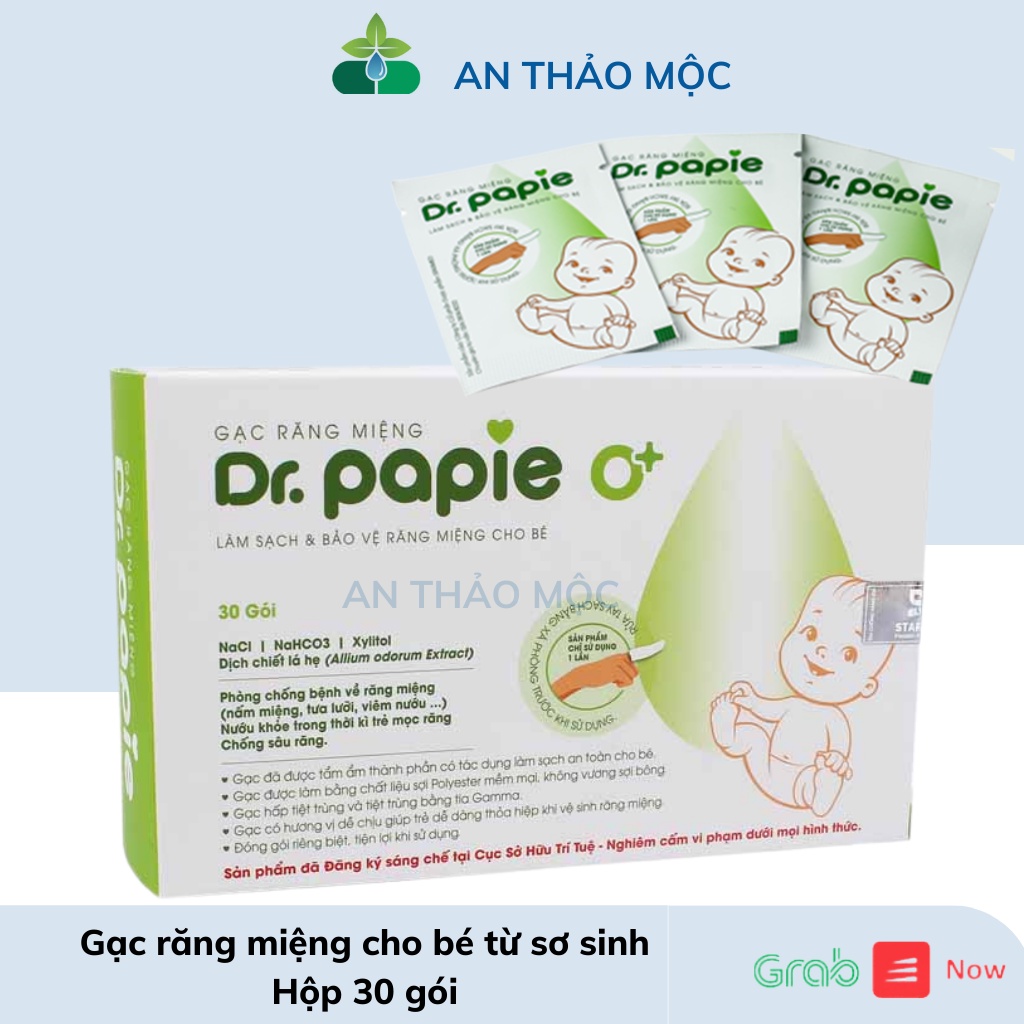 Gạc răng miệng dr papie cho bé từ sơ sinh,vệ sinh sạch sẽ bảo vệ bé.Hộp 30 gói.anthaomoc