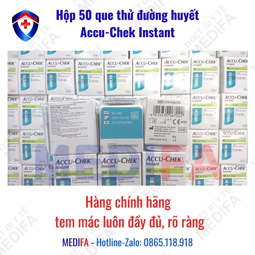 [Chính hãng, SX tại Mỹ] Hộp 50 Que thử đường huyết Accu-Chek Instant, Roche, NK chính ngạch, tem niêm phong, Nhãn phụ TV