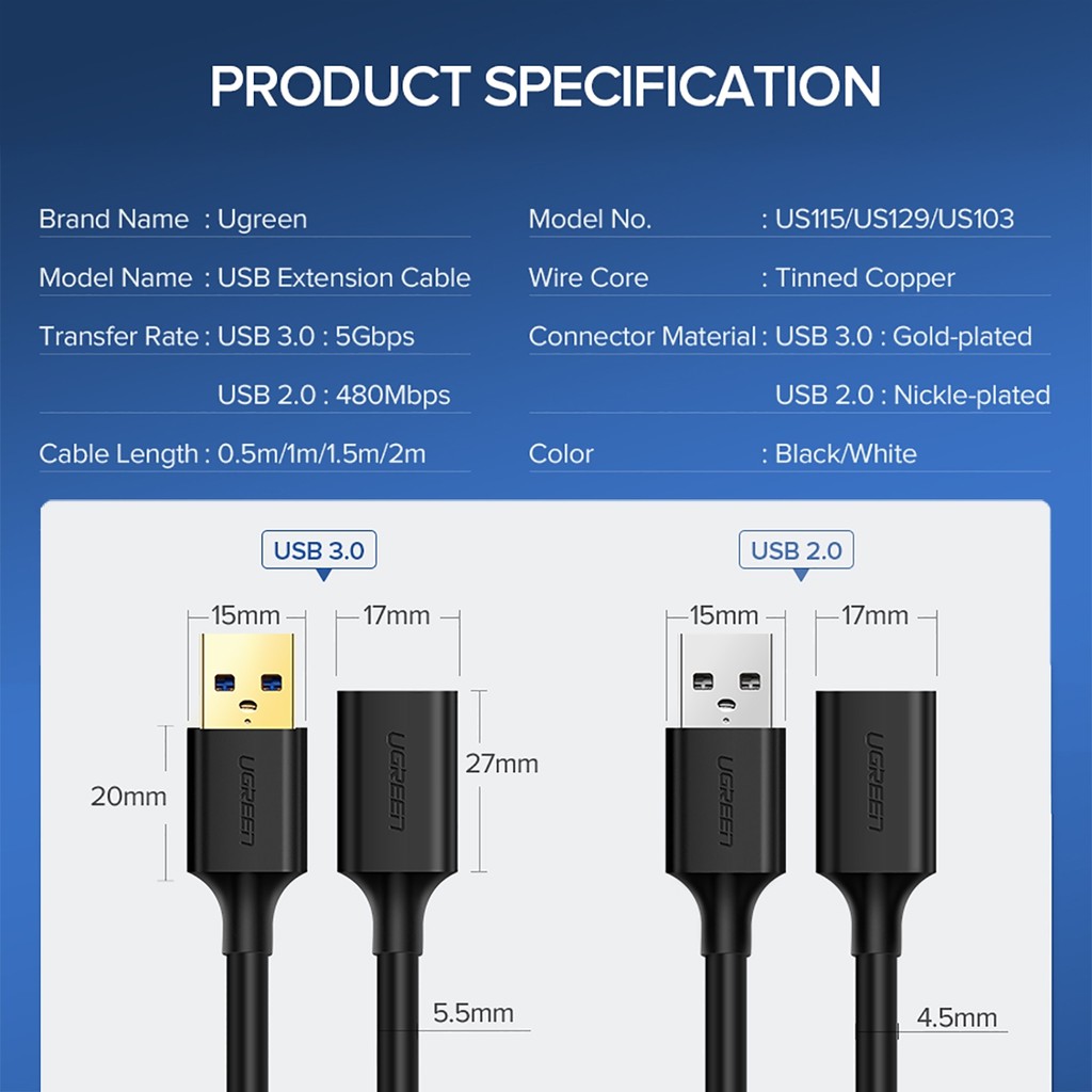 Cáp cổng USB 3.0 hỗ trợ phân giải 4K, trình chiếu 3D/ UGREEN US129