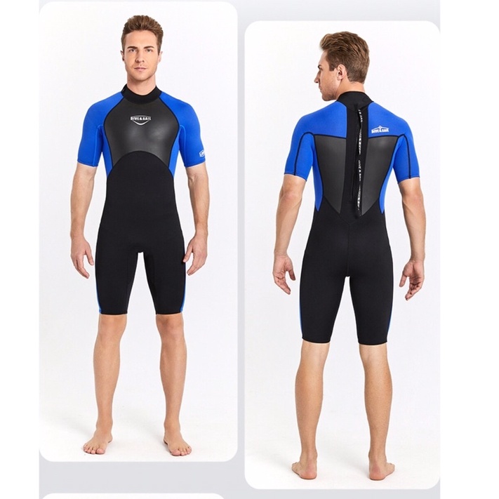 Đồ bơi giữ nhiệt dày 2mm cho nam hiệu Dive & Sail, D232075M màu đen phối xanh tay ngắn