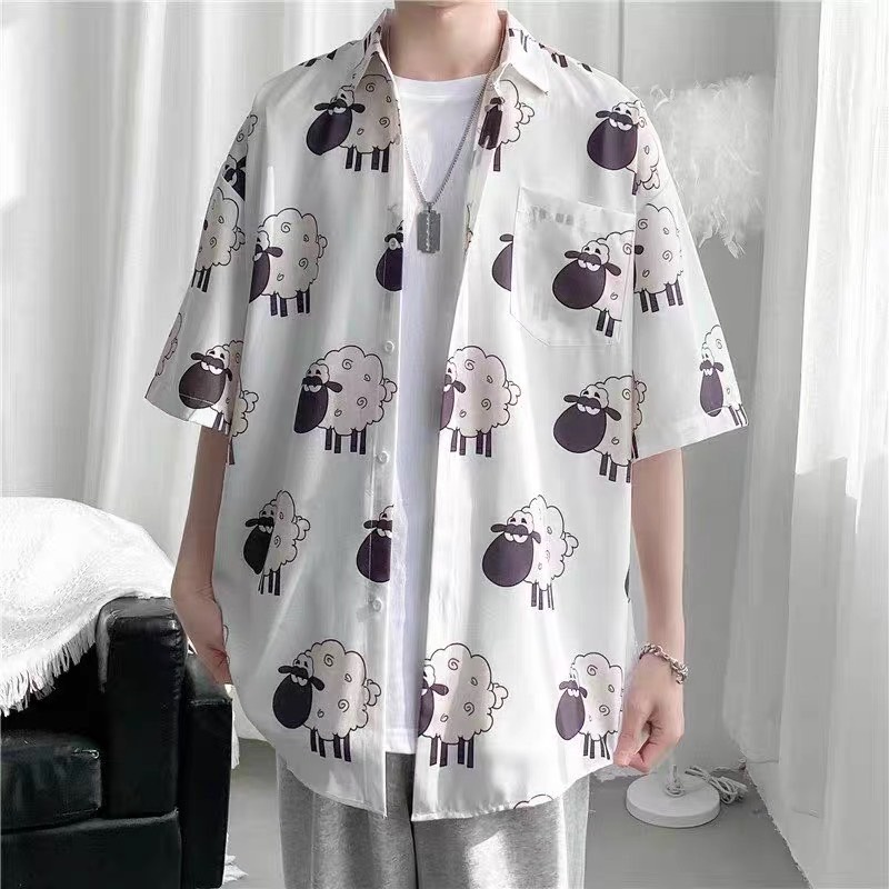 Áo sơ mi tay ngắn nam nữ chất lụa hoạ tiết hoạt hình phong cách ulzzang Hàn Quốc SIB083