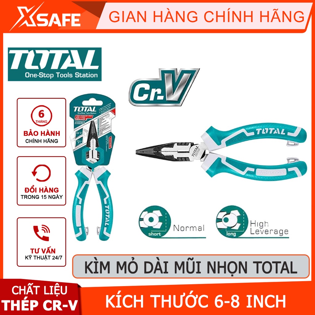 Kìm mũi nhọn mỏ dài cao cấp TOTAL Kềm bấm 2 kích thước 6-8 inch, chất liệu bằng thép CR-V, đen bóng, tiết kiệm 30% sức