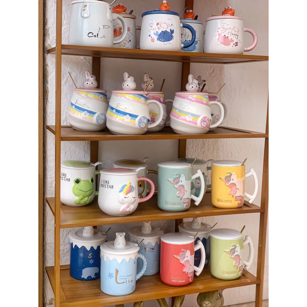 Cốc sứ Vịt vàng có nắp có thìa - Cốc uống nước họa tiết cat fish dễ thương - quà tặng văn phòng