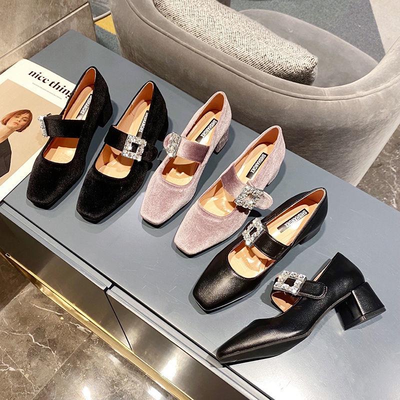 Giày búp bê mũi vuông đính đá sang trọng thời trang thu đông mới 2021 cho nữ