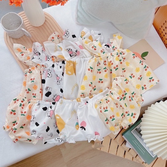 Set Áo Cánh Tiên Bé Gái Đũi Xốp Họa Tiết Quần Chip Lưng Chun Pastel Mùa Hè Size Từ 0-4T - GA2030- GA2035