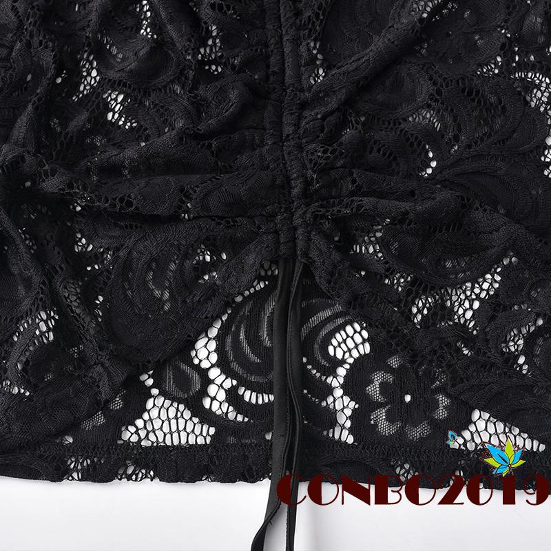 Đầm Ren Một Mảnh Tay Dài Cổ Yếm Có Dây Rút Dành Cho Nữ