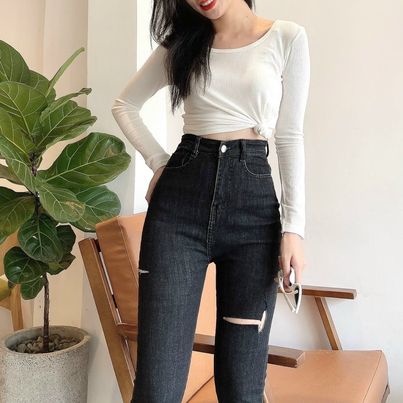 QUẦN JEANS DÀI CO GIÃN RÁCH GỐI CAO CẤP SHOP PHƯƠNG CHÂU