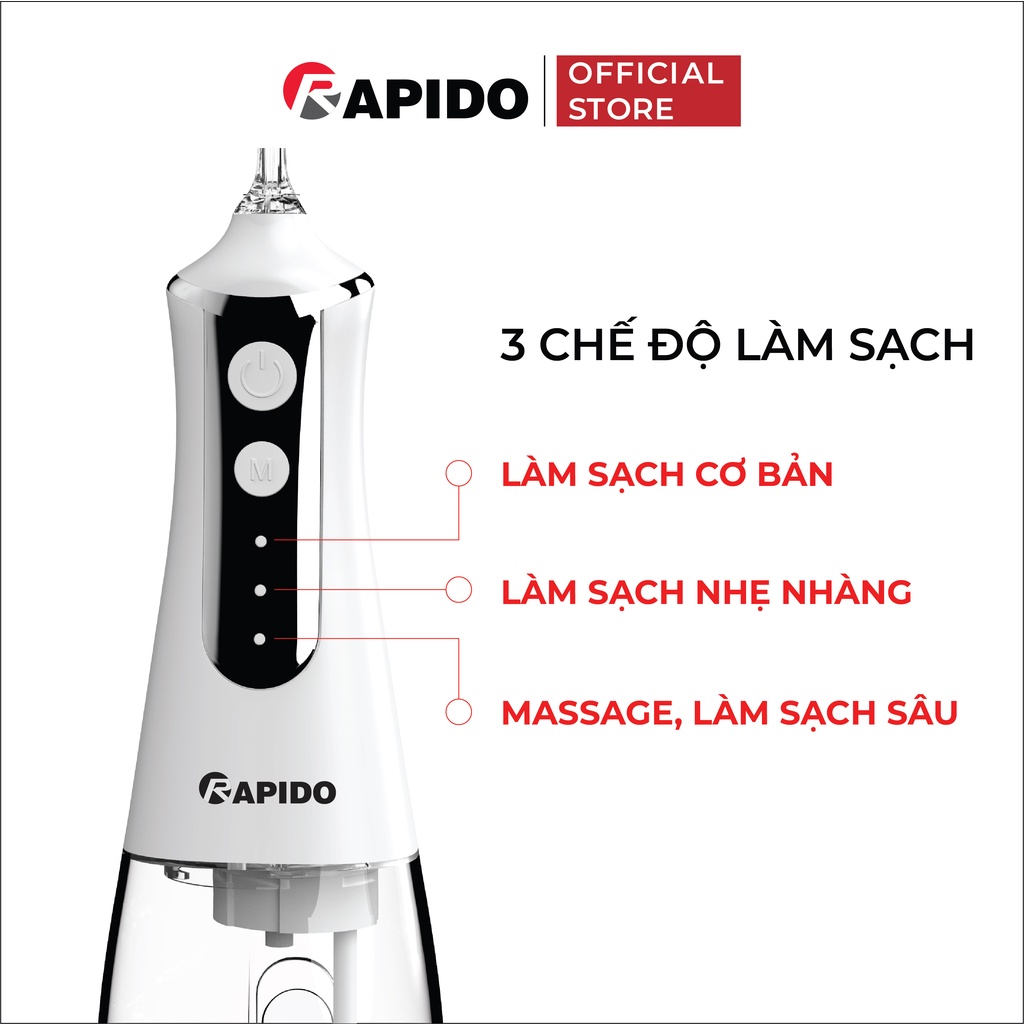 Tăm nước Rapido 300ML công nghệ Đức, công suất 5W, 5 đầu tăm thay thế, bảo hành 12 tháng