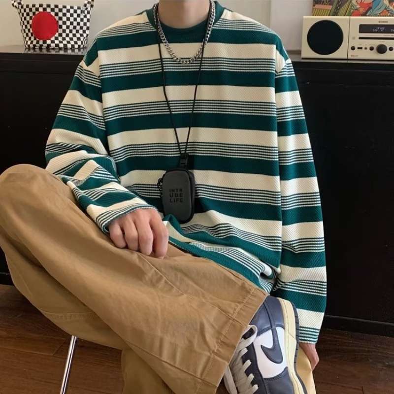 Áo Thun Dệt Kim Tay Dài Cổ Tròn Dáng Rộng Họa Tiết Kẻ Sọc Màu Sắc Tương Phản Phong Cách Hàn Quốc Thời Trang Xuân Thu Cho Nam