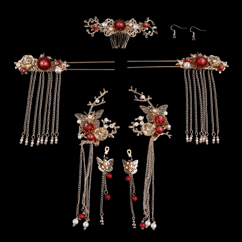 Bộ Phụ Kiện Cài Tóc Phối Tua Rua Phong Cách Trung Hoa Cổ Điển Cho Cô Dâu